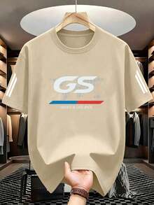 Men's Casual Short Sleeve Crew Neck T-Shirt With Racing Street Slogan Print - Khaki - View 1