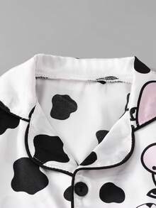 Faux Silk Fabric Cool Silky Cute Cow Print Short Sleeve Long Pants Set - White - View 4