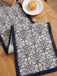 Navy Blue Lace Table Runner With Floral Edge, New Chinese Style, Suitable For Indoor And Outdoor Coffee Table, Entryway, Living Room, Dining Table, Wedding, Holiday, Party, Gathering And Other Celebrations - Multiple Styles - View 7
