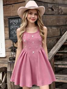 Galaxy Graffiti 8-12 Years Old Girls' Floral Pearl Embellished Sleeveless Dress, Cute Summer Vacation, Birthday Party, Daily Wear, Family Travel - Watermelon Pink - View 2