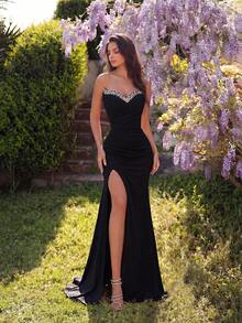 ADYCE Women's Strapless V-Neck Long Ball Gown, Rhinestone Decor Backless Slit Lace-Up Long Formal Dress, Evening Gown Wedding Party - Black - View 7