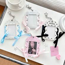 1pc Y2K Star Pattern Photocard Holder, Cute Ribbon Bow Idol Photo Card Keychain, 3 Inch Mini Card Display Case With Chain, Aesthetic Bag Charm For Fans, Back To School Stationery - Card Sleeve - View 3