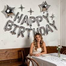 18pcs Silver Happy Birthday Letter Balloon Set, 16 Inch HAPPY BIRTHDAY Letter Balloons, 10 Inch Four-Pointed Star Five-Pointed Star Foil Balloons, Suitable For Birthday Party Scene Props Decoration Set - View 2