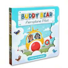 Badi Bear Pilot Interactive Cardboard Book, Push-Pull Sliding Mechanism, Airplane Adventure Theme, Movable Reveal Windows, Vibrant Cartoon Illustrations, Thick Durable Paper, Fun Interactive Reading Experience - Buddy Bear - View 1