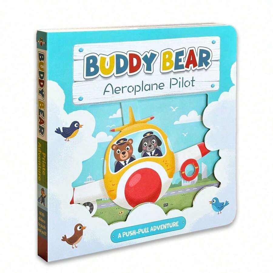 Badi Bear Pilot Interactive Cardboard Book, Push-Pull Sliding Mechanism, Airplane Adventure Theme, Movable Reveal Windows, Vibrant Cartoon Illustrations, Thick Durable Paper, Fun Interactive Reading Experience - Buddy Bear - View 1