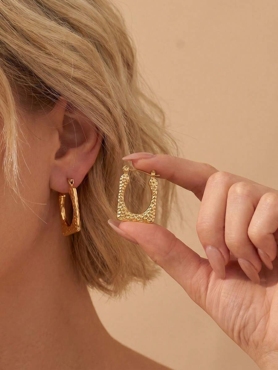 Gold Hammered Rectangle Hoop Earrings For Women, Stainless Steel Jewelry Hypoallergenic Geometric Earrings, Birthday Wedding Vacation Gifts For Women