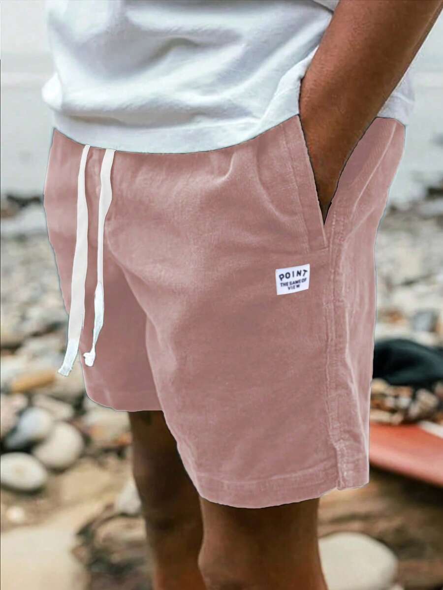Quần short nam mùa hè dáng rộng mỏng, chất liệu nhung kẻ polyester nhẹ, màu trơn, có dây rút, phong cách casual đi biển, phù hợp đi chơi và đi làm