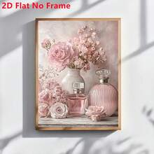 2D Flat 2D Flat Frameless 2D Flat Canvas, Vintage Floral Perfume Bottle Design, Decorated With Soft Floral Pattern Of Pink Roses, Suitable For Elegant Decoration Of Home Office And Bedroom - J - View 6