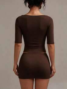 XLLAIS Sexy Sweetheart Neck Yoga Basic High Elasticity Naked Feel Slim Fit Brown 3/4 Sleeve Summer Sports T-Shirt Casual Back To School Style - Dark Brown - View 9