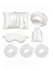 Bộ đồ ngủ 7 món dành cho nữ bao gồm vỏ gối, mũ tắm, mặt nạ ngủ, túi đựng trang trí, dây buộc tóc, thích hợp cho giấc ngủ ban đêm. - Nhiều màu - Xem 6