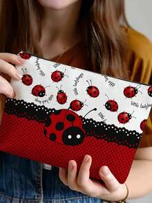 3pcs/1pc Ladybug Print Makeup Bag, Zipper Linen Material, Ladybug Pattern, Suitable For Home Daily Use, Gift, Business Trip And Leisure Travel - Multicolor - View 6
