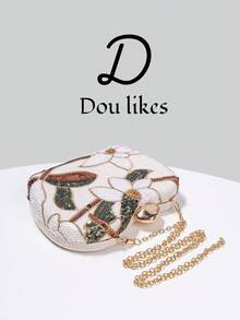Dou Likes 中式風格手提包，香檳色亮片刺繡花卉鏈條晚宴包，搭配可調節細金鏈，完美適配中式旗袍、輕奢晚禮服、日常優雅穿搭，瞬間提升整體風格，點亮造型的完美收尾配件 - 杏色 - 查看 4