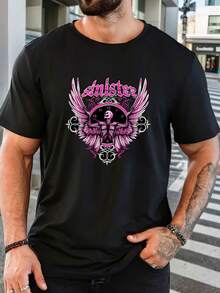 Tricou bărbătesc cu mânecă scurtă și imprimeu grafic, top casual de vară, design Anister cu craniu și aripi, cadou de Crăciun și aniversare pentru el - Negru - Vizualizare 1