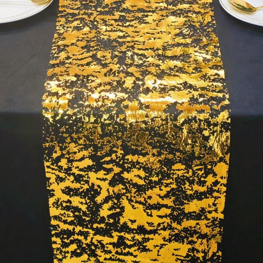 1 Roll Black And Gold Foil Stamped Table Runner, Durable And Wear-Resistant, Polyester Fiber Material, Solid Color Exquisite, Elegant And Personalized, Suitable For Outdoor Gatherings, Birthday Parties, Business Banquets, Holiday Celebrations, Tabletop Decoration, Protection And Concealment - View 1