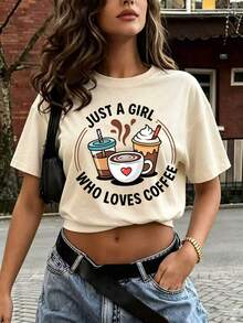 「Just A Coffee Loving Girl」圖案 T 恤，可愛咖啡愛好者圖案 T 恤，休閒美學短袖，俏皮美食風格上衣，適合夏季 - 杏色 - 查看 5