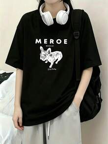Women's Casual Black Bulldog Print Short-Sleeve T-Shirt, Round Neck, Drop Shoulder Top, Relaxed Fit, Knit Fabric, Streetwear Style - Black - View 2