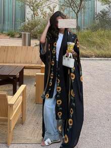 Hafizah 花卉印花保守款開襟長袍附頭巾，街頭時尚 Abaya 度假風 黑色 秋季 - 黑色 - 查看 9
