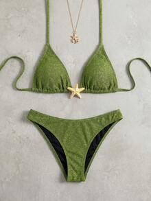 SwimNova Polovedo 2026 Summer New Green Bikini Women's Shiny Starfish Decor Spaghetti Strap Two Pieces Swimsuit Beach Vacation Party - Multicolor - View 2