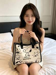 1件 Snoopy 印花帆布托特包，卡通風格大容量單肩包，適合日常通勤與海灘使用 - A - 查看 6