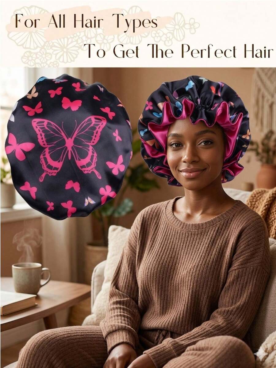 Double Layer Color Block Satin Sleep Cap Wig Cap - Black and Rose Red Large Butterfly Lace Hat - View 1