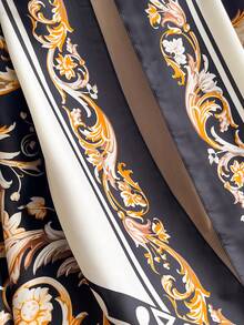 1PC Faux Silk Elegant Design Plant Floral Pattern Printed Scarf For Women, Long Shawl For Beach Vacation, Sun Protection, Beach Wrap, Fashionable Versatile Scarf, Suitable For Daily Outfit Matching And Decoration - Black - View 4