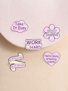 5pcs Warm Healing Pink Text Enamel Brooch "STAY Positive" Positive Slogan Badge, Fashion Clothing Backpack Accessory, Best Gift For Friends - Multicolor - View 2
