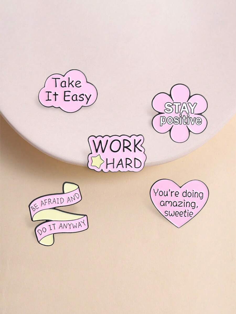 5pcs Warm Healing Pink Text Enamel Brooch "STAY Positive" Positive Slogan Badge, Fashion Clothing Backpack Accessory, Best Gift For Friends