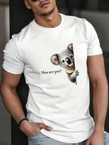Camiseta de manga corta con cuello redondo de unicolor para hombre de verano, transpirable, cómoda, versátil, casual para uso diario con estampado de animal lindo - Blanco - Ver 1