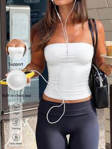Aoqta Sports Women's Summer Casual Fitted Sleeveless Backless Bandeau Top With Padding, Suitable For Yoga, Sports, Fitness And Daily Wear - White - View 1