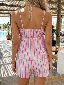 Conjunto de 2 piezas casual boho a rayas Just Masa para mujer, camiseta sin mangas con espalda descubierta y cordón ajustable & shorts de cintura elástica, para salir, vacaciones, elegante - Rosa - Ver 2