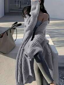 Plus Size Women's Autumn Winter Solid Color Dropped Shoulder Pocket Design Long Sleeve Loose Casual Long Cardigan Sweater - Grey - View 2
