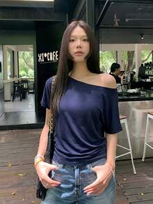 純色短袖露肩寬鬆上衣，輕量透氣休閒夏季上衣 - 深藍色 - 查看 8