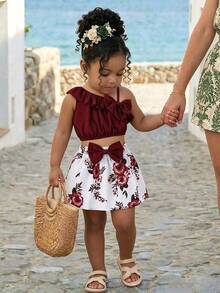 2pcs/Set Baby Girl Fashion Cute Solid Color Asymmetric-Shoulder Camisole Top Paired With Butterfly & Flower Pattern Skirt, Summer Daily Outings & Vacation New Arrival - Burgundy - View 2