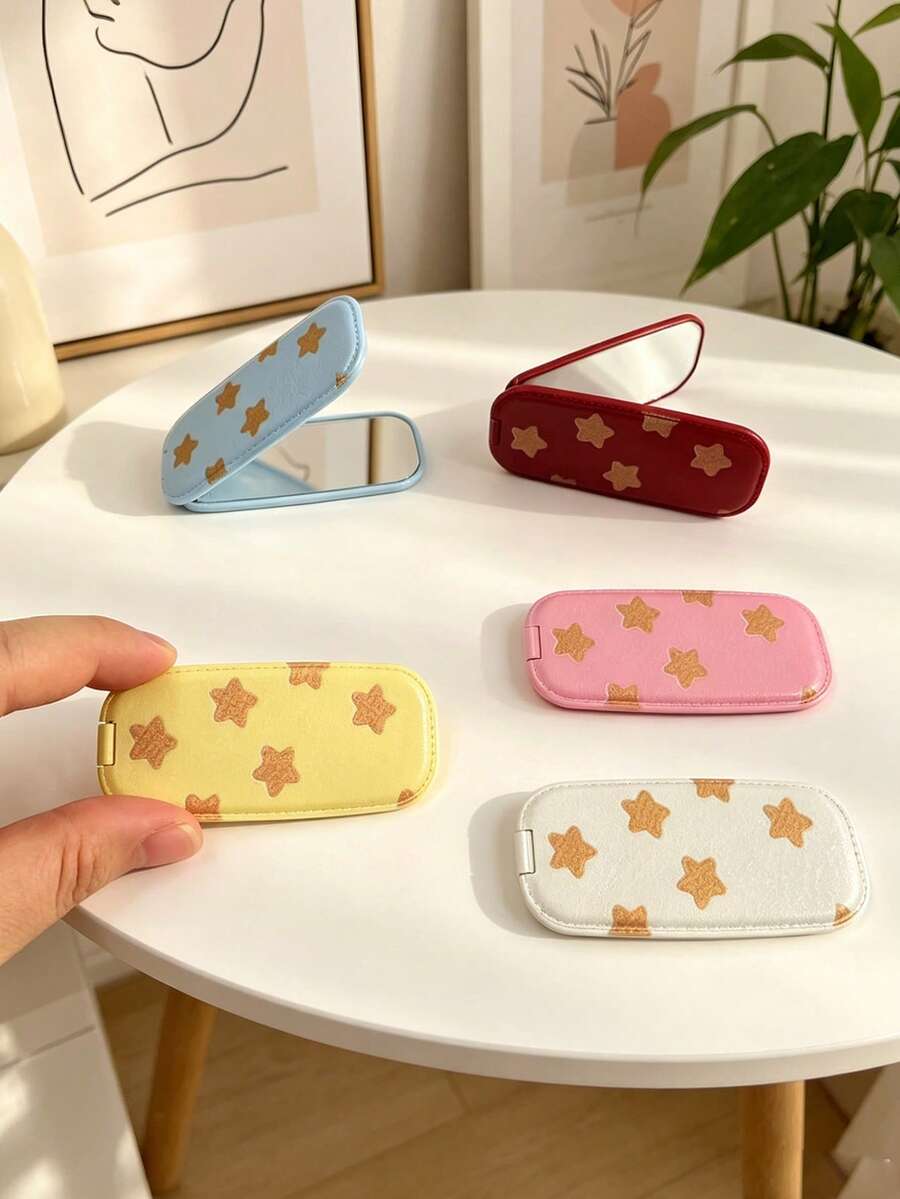 1pc Faux Leather Texture Mirror Phone Stand Makeup Mirror, Fashion Adhesive Foldable Mirror Back Sticker, Horizontal & Vertical Dual Use Portable Desktop Stand - Multicolored Stars - View 1