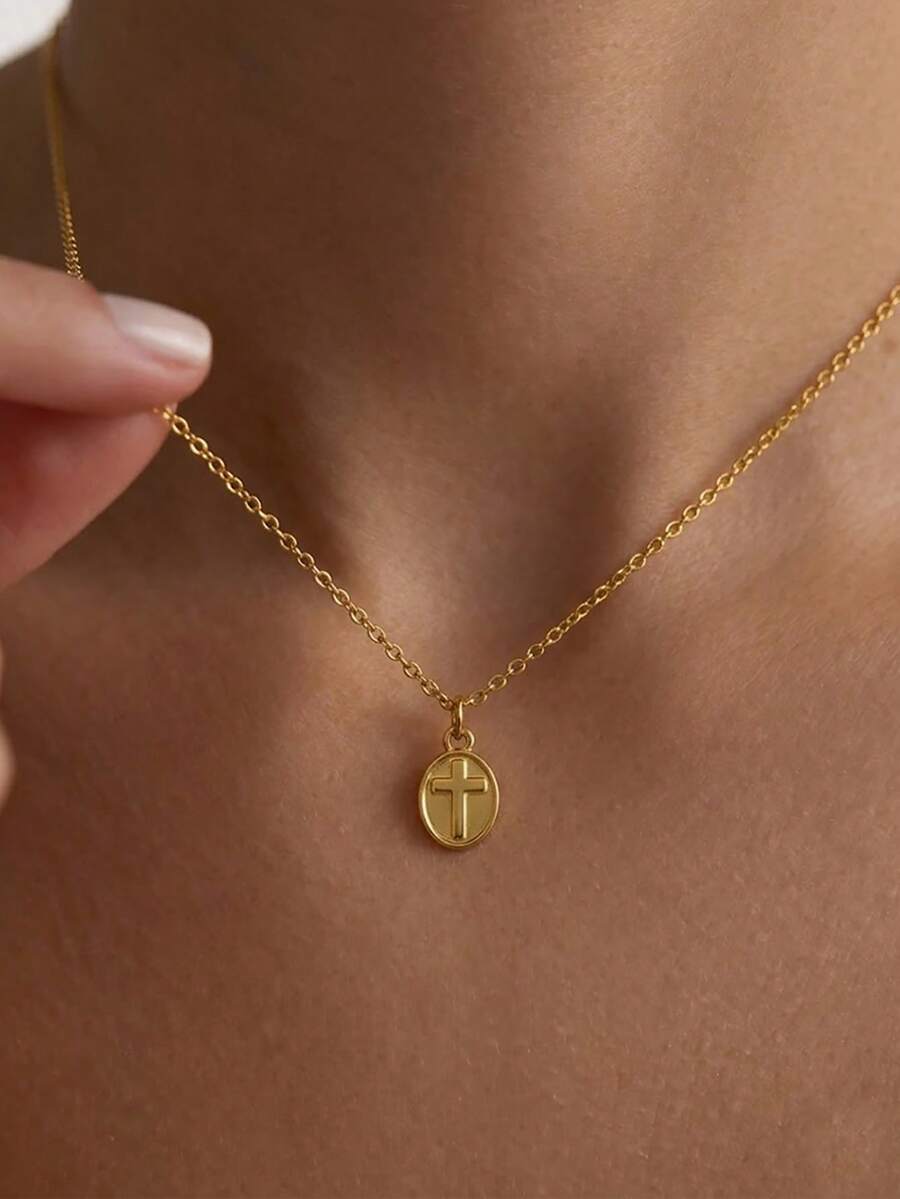 1 pièce Collier pendentif croix ovale vintage classique en acier inoxydable, bijoux religieux minimaliste couleur or et argent, cadeau significatif pour le jour de l'Ascension - Multicolore - View 1