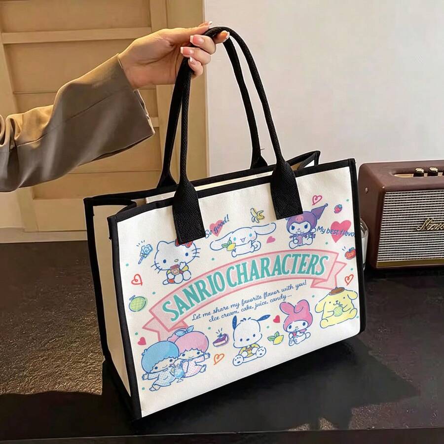Miniso 三麗鷗角色團體印花帆布托特包,可愛 Hello Kitty & Friends 大容量休閒手提肩背包 - 黑色 - 查看 1