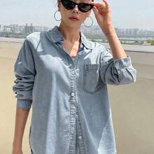 xuehuamaoyi02  Blusa de mezclilla con bolsillo con parche y botones, chaqueta de mezclilla, ropa de mujer de otoño de manga larga - Lavado ligero - Ver 7