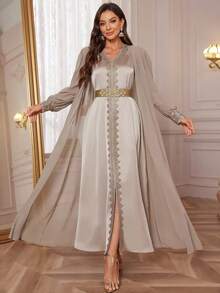 Women's V-Neck Sleeveless Lace Elegant Slit Dress, With Detachable Belt And Arabic Style Long Sleeve Outerwear 2-Piece Set Wedding Party - Champagne - View 7