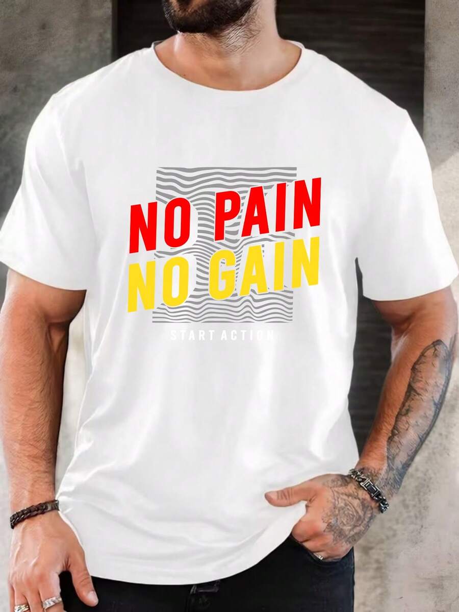 Tricou casual pentru bărbați cu mânecă scurtă și imprimeu grafic "No Pain No Gain", tric motivational de vară, cadou de Crăciun și sărbători pentru el - alb - Vizualizare 1