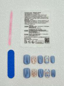 10pcs/Pack, Hazy Blue Short Oval Nail Stickers, Beauty, Fragrance Style, French Manicure, Press-On Nails, New Year Nails, Valentine's Day Nails, UV Light Nails, Summer Nails, Wearable Nails, Elegant And Generous Design, High-End French Style, Gel Polish, Glitter, Cat Eye Effect, Metallic Luster, Comes With Jelly Glue, Nail Stick, Polishing Strip, Suitable For Parties, Travel, Dance, Daily Wear, Gift For Friends - Dusty Blue - View 10