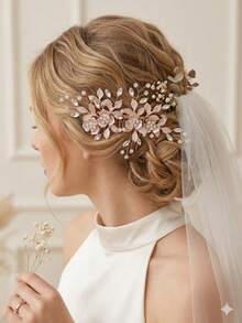 1 pieza Peineta de novia con strass en oro rosa, accesorio para peinado de banquete vintage hecho a mano con flores y hojas, adorno para el cabello de boda - Multicolor - Ver 2