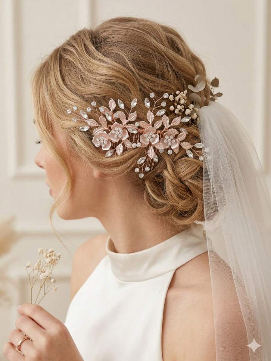 1 pieza Peineta de novia con strass en oro rosa, accesorio para peinado de banquete vintage hecho a mano con flores y hojas, adorno para el cabello de boda