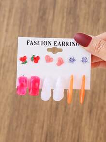 6-36對可愛彩色心形櫻花花朵蜜桃蝴蝶結樹脂C型耳環女飾套組，適合度假、閨蜜、家人禮物及日常配戴 - 彩色 - 查看 12