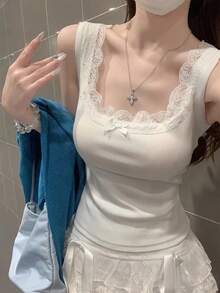Women's Lace Patchwork Bow Decor Square Neck Fitted Tank Top, Spring/Summer Style White - White - View 2
