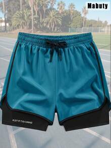 Shorts de running unisex 2 en 1 con forro interior, cintura ajustable con cordón, shorts deportivos para entrenamiento fitness para hombre - lago azul - Ver 4