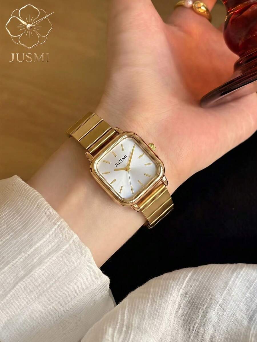 1pc Women's Gold Square Steel Band Watch, Silver Minimalist Dial, Luxury Business Quartz Wristwatch, Suitable For Daily Commute And Date Wear - one-size - View 1