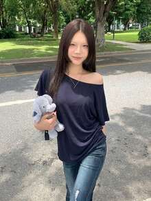 純色短袖露肩寬鬆上衣，輕量透氣休閒夏季上衣 - 深藍色 - 查看 6