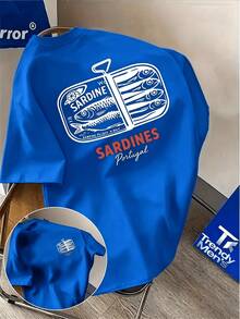 Short-Sleeved T-Shirt With Vintage Portuguese Canned Sardine Print, Nautical Style, New Summer Style,  Printed Short-Sleeved T-Shirt For Men, Casual Wear - 白色 - 查看 8