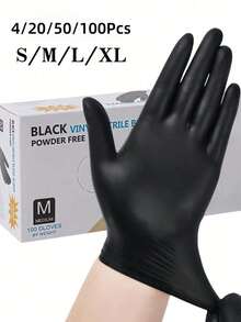無粉黑色拋棄式丁腈手套，全尺寸 S、M、L、XL 可選，耐用家用清潔手套，適用於廚房、浴室、清潔、食品處理、紋身、美容、染髮、寵物護理、美容院、清潔用品、家用工具等，4/20/50/100入 - 深黑 - 查看 10