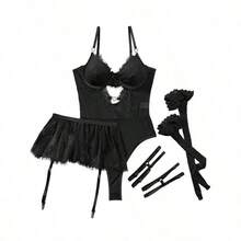 Lilosy Sexy Stocking Rhinestones Heart Garter Underwire Floral Mesh Lace Sheer Babydoll Lingerie Teddy Bodysuit Skirt Set - 黑色 - 查看 4